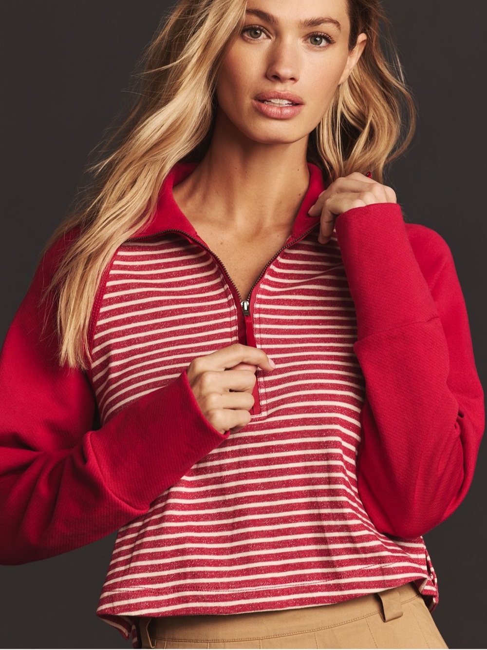 Anthropologie Pilcro Striped Pink Half-Zip Pullover Top Preppy Sporty Size MP